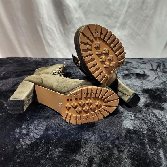 Green Faux Suede Lace-up 4" Block Heel Ankle Booties - Picture 6 of 7